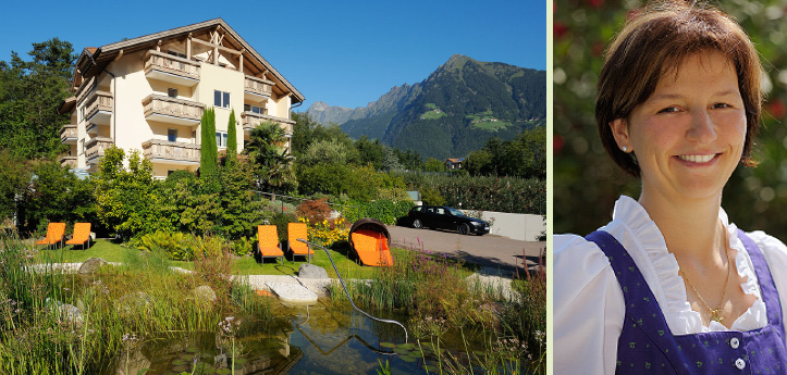 Aussenansicht der Residence Forcherhof in Dorf Tirol und Ihre Gastgeberin Katja Pircher